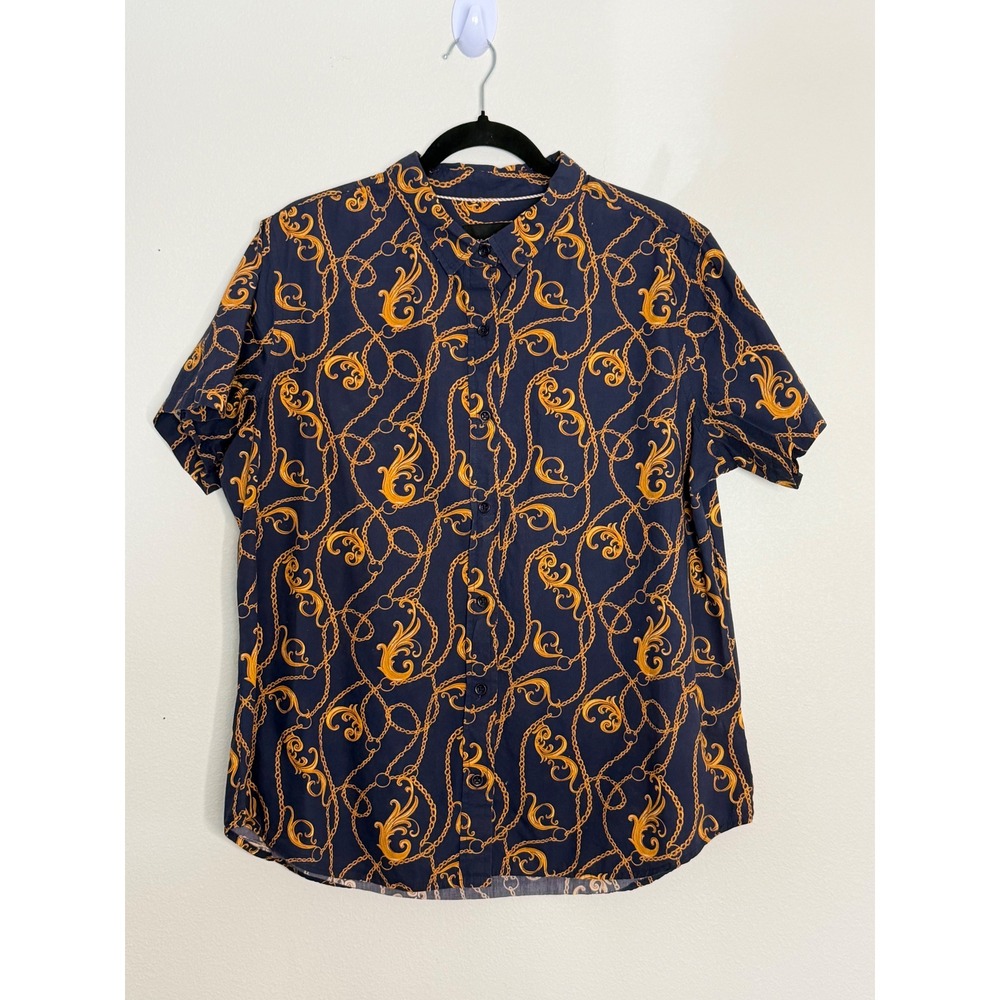 Wildfang The Essential Button Up Shirt Navy Gold Chain Baroque Print XL